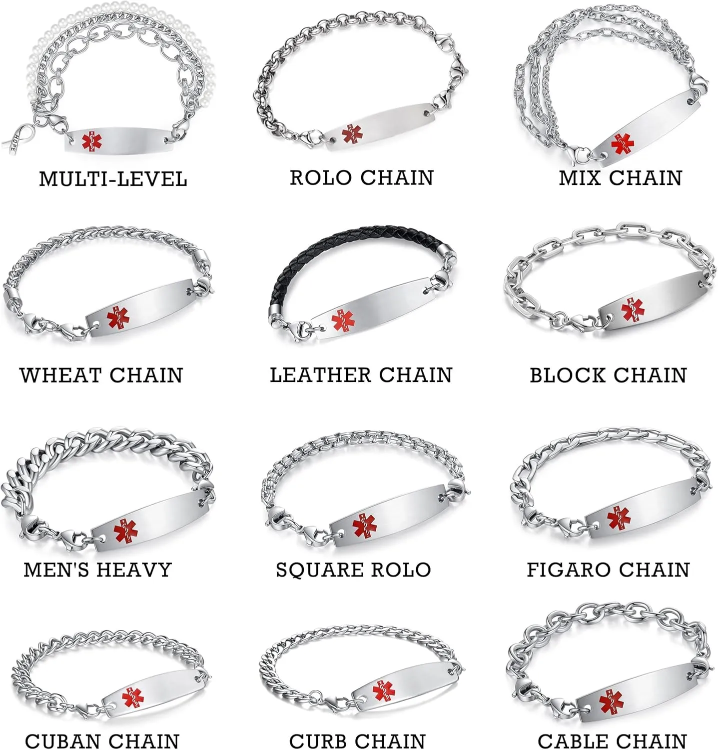 7.5"-9" Adjustable Medical alert bracelets for Women/Men Stainless steel Interchangeable Medical bracelets