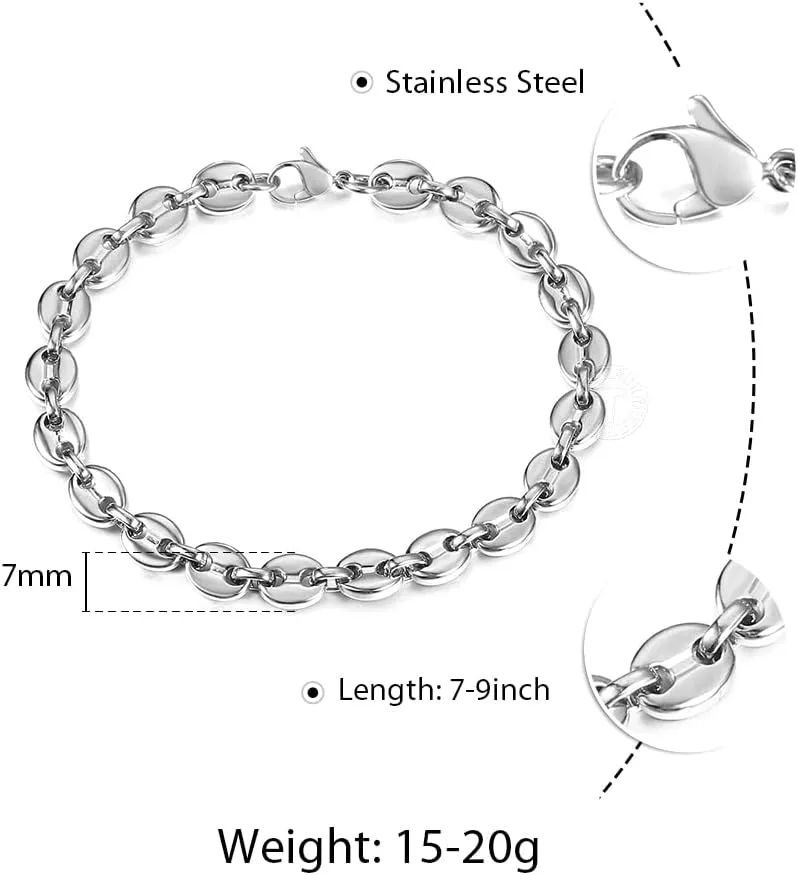 7/9/11mm Coffee Beans Link Chain Bracelet for Men Women Stainless Steel Gold Silver Color Fashion Jewelry Gift (11mm Gold-7inch 18cm)