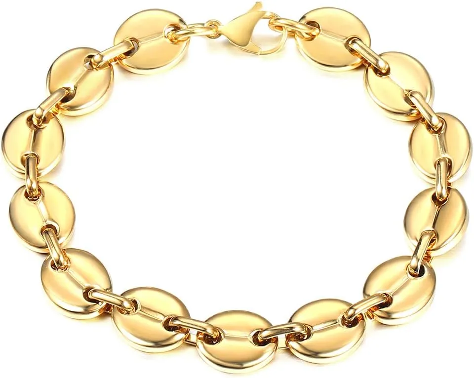 7/9/11mm Coffee Beans Link Chain Bracelet for Men Women Stainless Steel Gold Silver Color Fashion Jewelry Gift (11mm Gold-7inch 18cm)