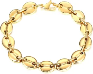 7/9/11mm Coffee Beans Link Chain Bracelet for Men Women Stainless Steel Gold Silver Color Fashion Jewelry Gift (11mm Gold-7inch 18cm)