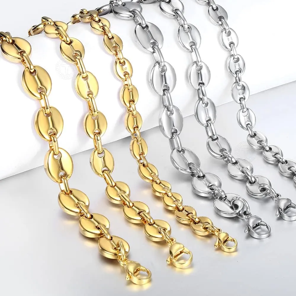7/9/11mm Coffee Beans Link Chain Bracelet for Men Women Stainless Steel Gold Silver Color Fashion Jewelry Gift (11mm Gold-7inch 18cm)