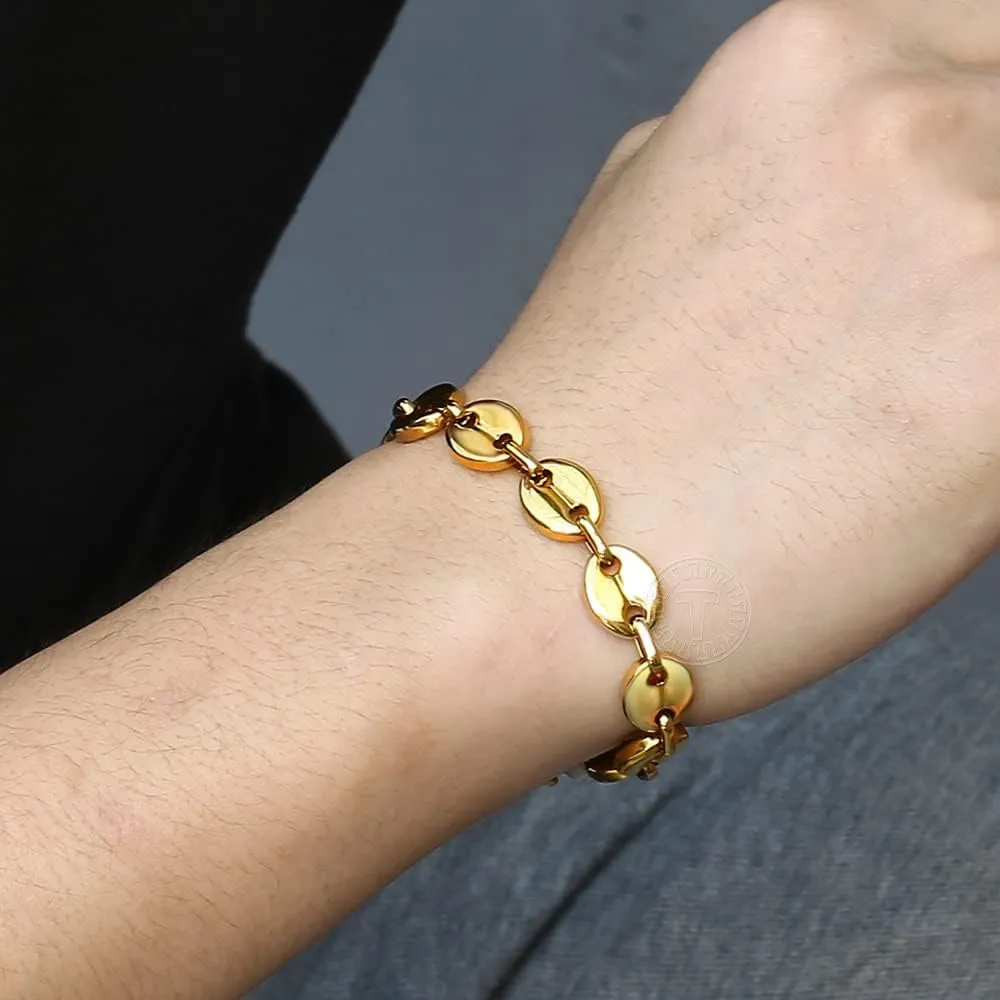 7/9/11mm Coffee Beans Link Chain Bracelet for Men Women Stainless Steel Gold Silver Color Fashion Jewelry Gift (11mm Gold-7inch 18cm)