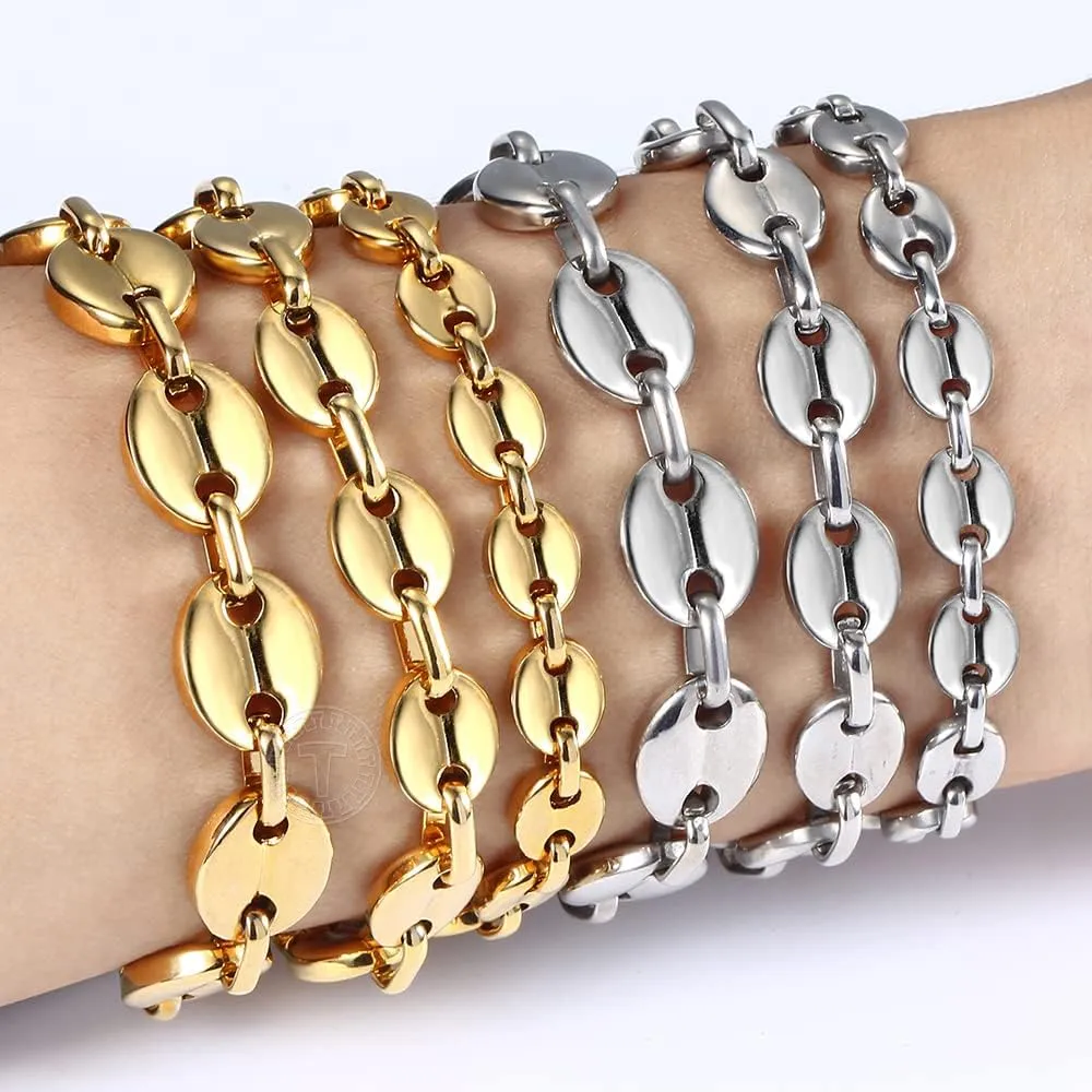 7/9/11mm Coffee Beans Link Chain Bracelet for Men Women Stainless Steel Gold Silver Color Fashion Jewelry Gift (11mm Gold-7inch 18cm)