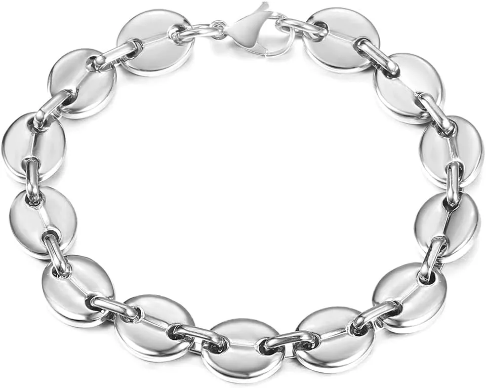 7/9/11mm Coffee Beans Link Chain Bracelet for Men Women Stainless Steel Gold Silver Color Fashion Jewelry Gift (11mm Silver-8inch 20cm)