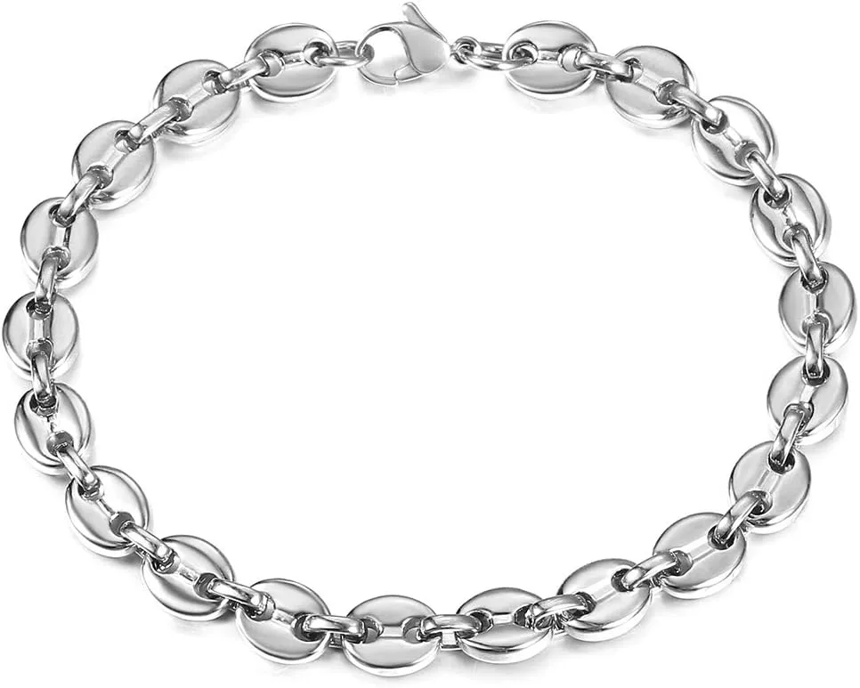 7/9/11mm Coffee Beans Link Chain Bracelet for Men Women Stainless Steel Gold Silver Color Fashion Jewelry Gift (7mm Silver-9inch 23cm)