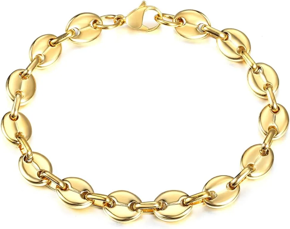 7/9/11mm Coffee Beans Link Chain Bracelet for Men Women Stainless Steel Gold Silver Color Fashion Jewelry Gift (9mm Gold-8inch 20cm)