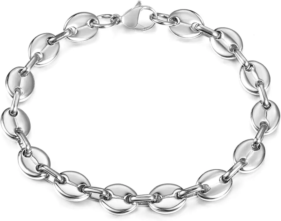 7/9/11mm Coffee Beans Link Chain Bracelet for Men Women Stainless Steel Gold Silver Color Fashion Jewelry Gift (9mm Silver-9inch 23cm)