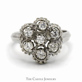 Exquisite Embellishment Polished Choice 7 Diamond Cluster Ring with Open Beaded Design in 14k White Gold