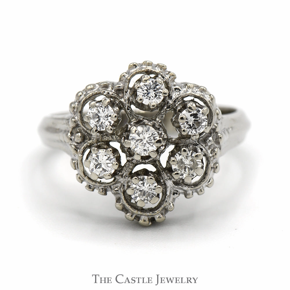 Exquisite Embellishment Polished Choice 7 Diamond Cluster Ring with Open Beaded Design in 14k White Gold