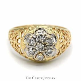 Elegant Insignia Sentimental Value 7 Diamond Kentucky Cluster Ring with Filigree Sides in 10k Yellow Gold