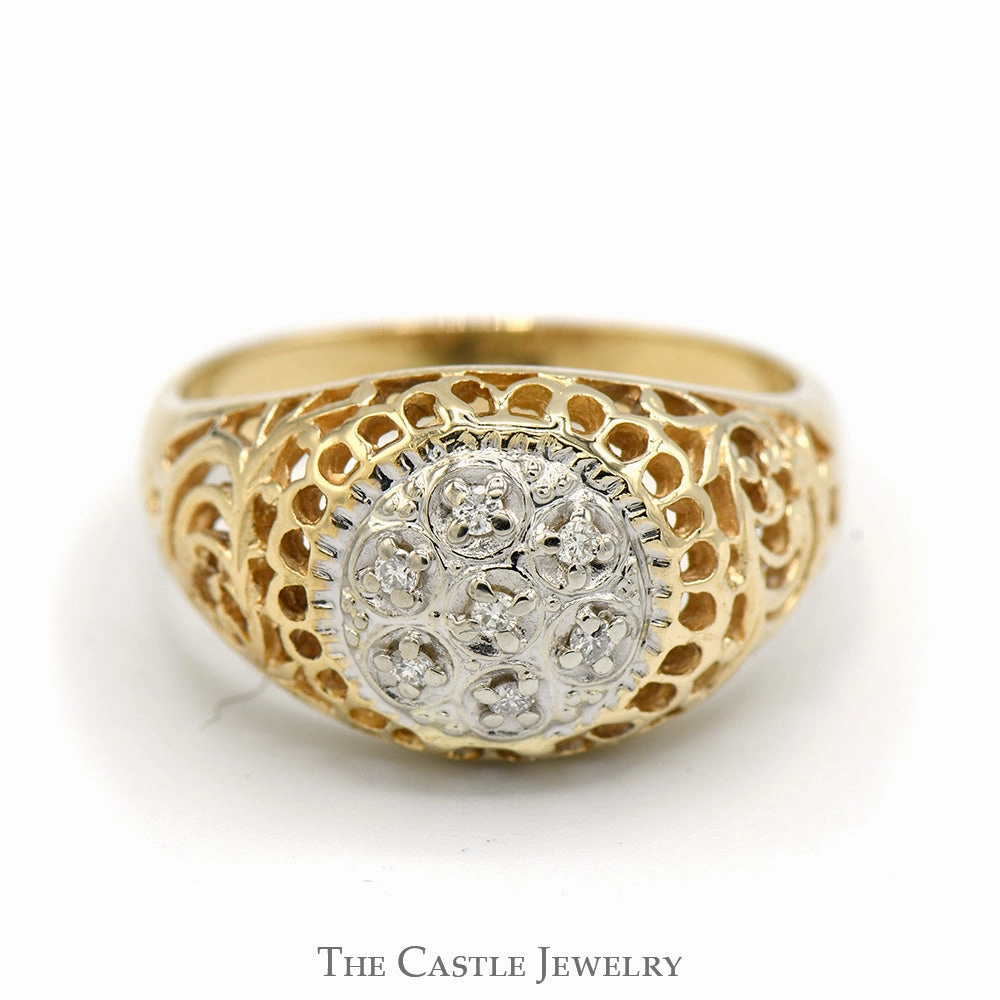 7 Diamond Kentucky Cluster Ring with Filigree Sides in 14k Yellow Gold Stylish Complement