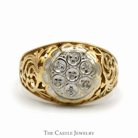 7 Diamond Kentucky Cluster Ring with Open Filigree Sides in 10k Yellow Gold Simple Vibe