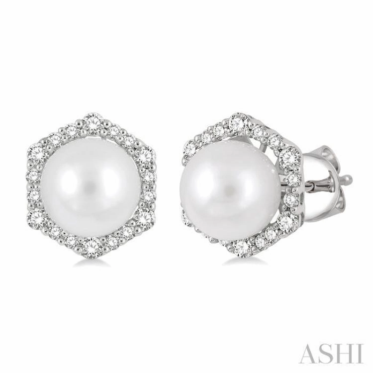 Daytime Style 7 MM Cultured Pearls and 1/3 Ctw Hexagon Shape Round Cut Diamond Earrings in 14K White Gold