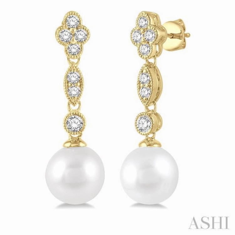 7 MM Cultured Pearls and 1/3 ctw Round Cut Diamond Drop Earrings in 14K Yellow Gold Elegant Finish Graceful Piece