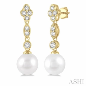 7 MM Cultured Pearls and 1/3 ctw Round Cut Diamond Drop Earrings in 14K Yellow Gold Elegant Finish Graceful Piece