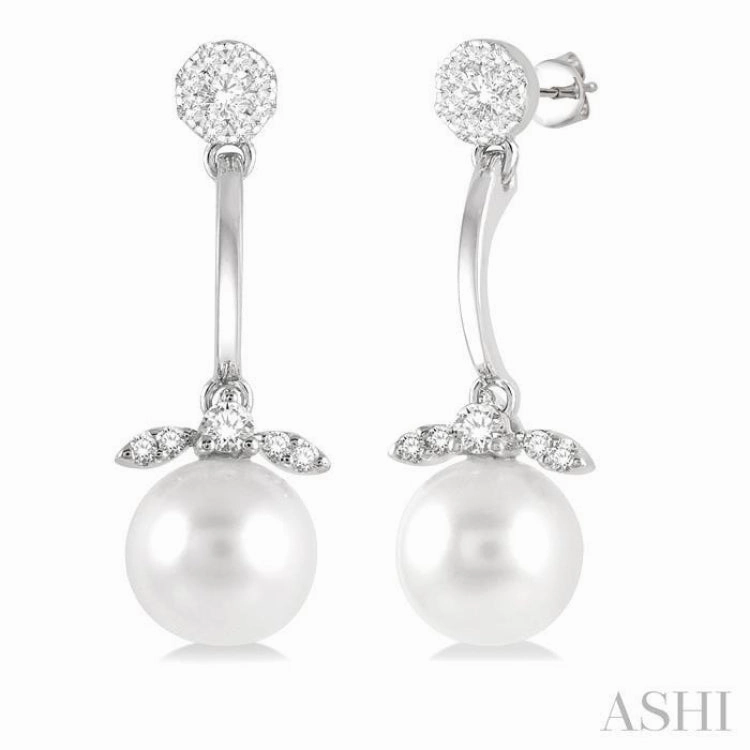7 MM Cultured White Pearl and 1/4 Ctw Lovebright Round Cut Diamond Fashion Earrings in 14K White Gold Chic Sparkle Luxury Line