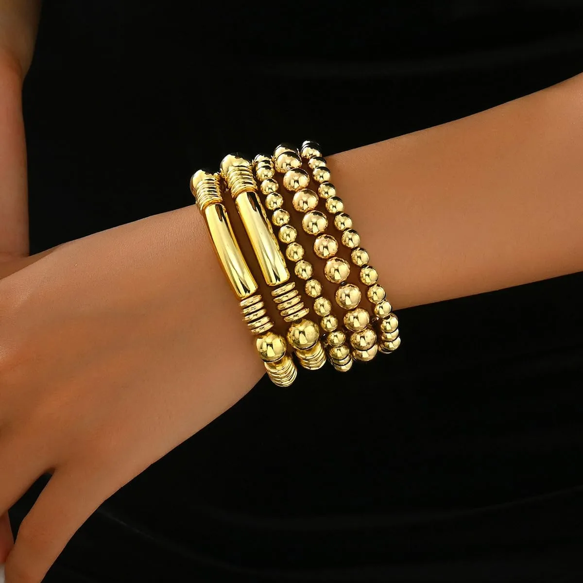 7PCS Layered Beaded Bracelets Set for Women Trendy Stretch Elastic Round Ball Beads Bangles Boho Chunky Gold Stackable Bracelets Dainty Jewelry for Gifts