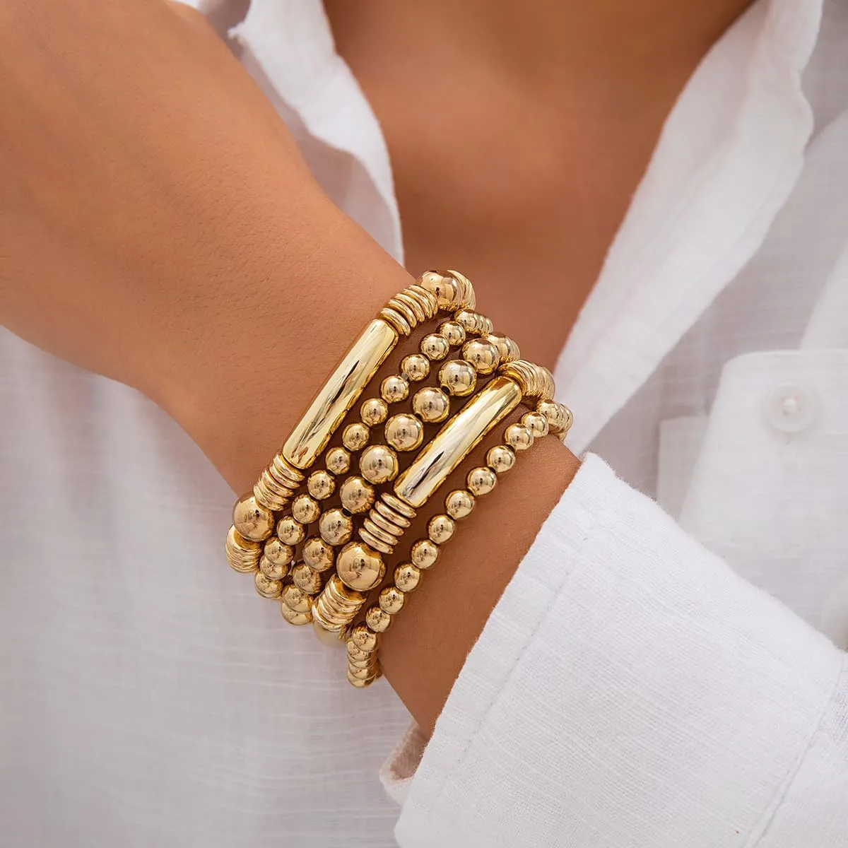 7PCS Layered Beaded Bracelets Set for Women Trendy Stretch Elastic Round Ball Beads Bangles Boho Chunky Gold Stackable Bracelets Dainty Jewelry for Gifts