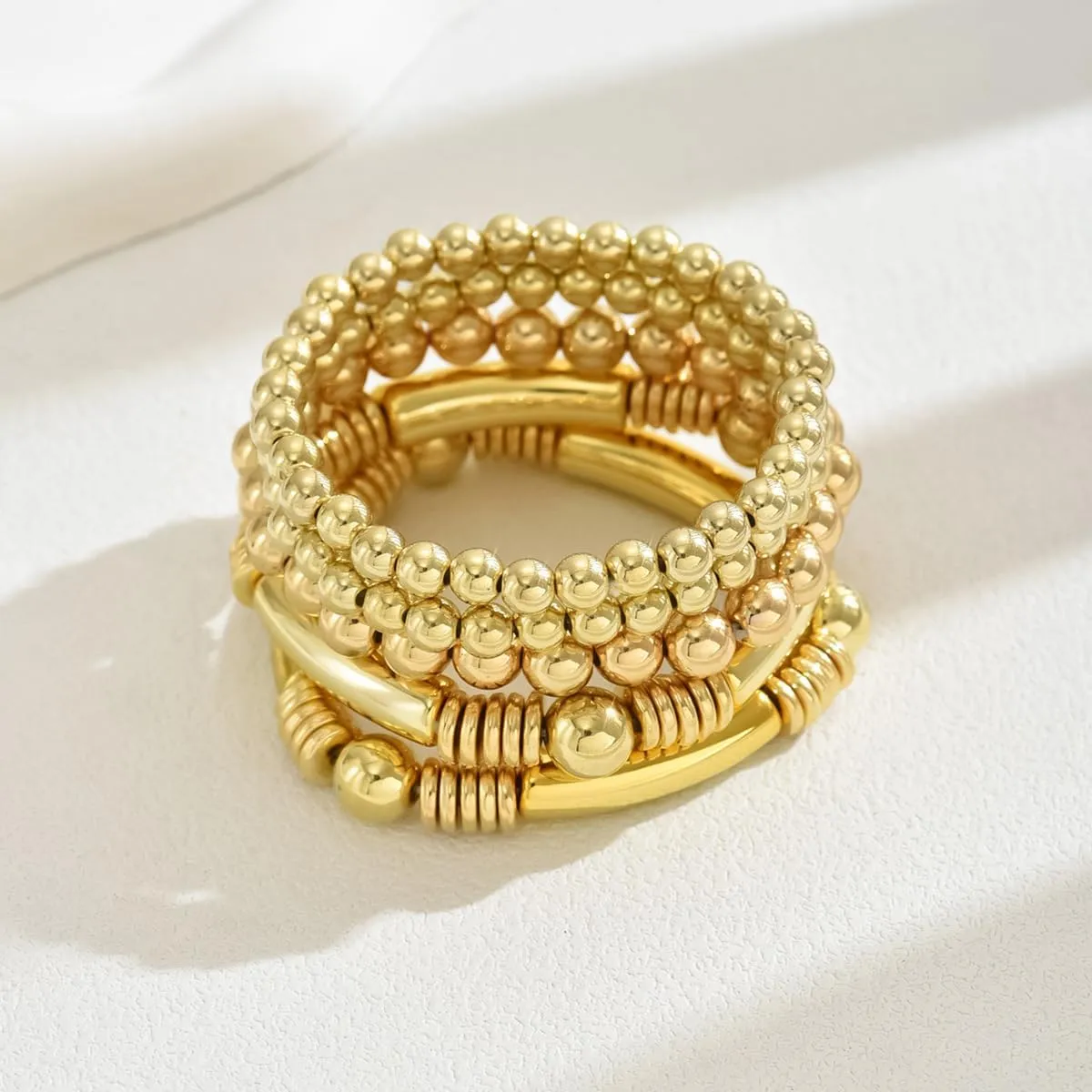 7PCS Layered Beaded Bracelets Set for Women Trendy Stretch Elastic Round Ball Beads Bangles Boho Chunky Gold Stackable Bracelets Dainty Jewelry for Gifts