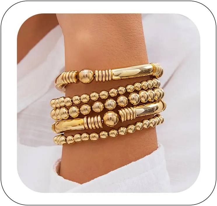 7PCS Layered Beaded Bracelets Set for Women Trendy Stretch Elastic Round Ball Beads Bangles Boho Chunky Gold Stackable Bracelets Dainty Jewelry for Gifts