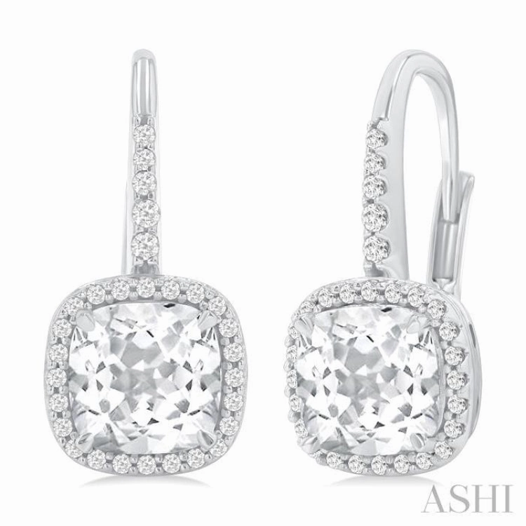 7X7 MM Cushion Cut White Topaz and 1/4 Ctw Round Cut Diamond Halo Semi-Precious Earring in 14K White Gold Glam Finish