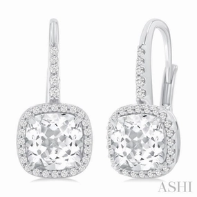7X7 MM Cushion Cut White Topaz and 1/4 Ctw Round Cut Diamond Halo Semi-Precious Earring in 14K White Gold Glam Finish
