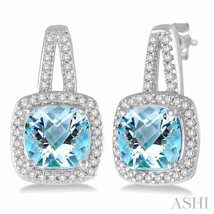 7x7 MM Cushion Shape Aquamarine and 1/4 ctw Round Cut Diamond Earrings in 10K White Gold Fashion Spark Distinctive Finish