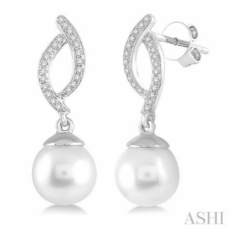 7x7 MM Round Cut Cultured Pearls and 1/6 ctw Round Cut Diamond Earrings in 10K White Gold Graceful Glow Modern Pair