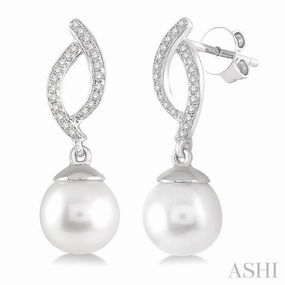 7x7 MM Round Cut Cultured Pearls and 1/6 ctw Round Cut Diamond Earrings in 10K White Gold Graceful Glow Modern Pair