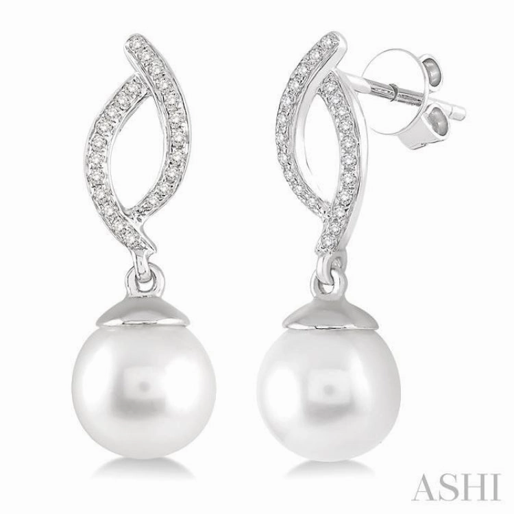 7x7 MM Round Cut Cultured Pearls and 1/6 ctw Round Cut Diamond Earrings in 14K White Gold Premium Look