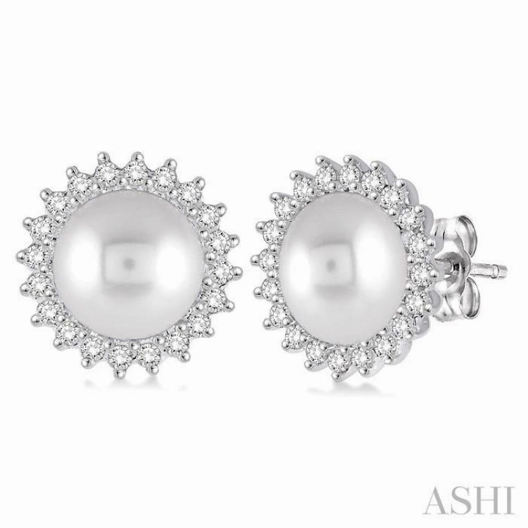 7x7 MM Round Shape Cultured Pearls and 1/4 ctw Round Cut Diamond Earrings in 14K White Gold Fashion Classic Handcrafted Jewelry