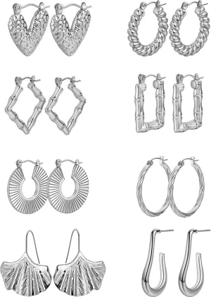 8 Pairs Stainless Steel Chunky Gold Silver Hoop Earrings Set,Gold Earrings for Women,Hypoallergenic Hoop Huggie Trendy Jewelry Earrings for Women