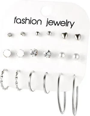 9 Pairs Hoop Earrings Stud Earrings for Women Multipack Pearl Twisted Earring Set Trendy Wedding Ball Earrings (Silver, One Size)