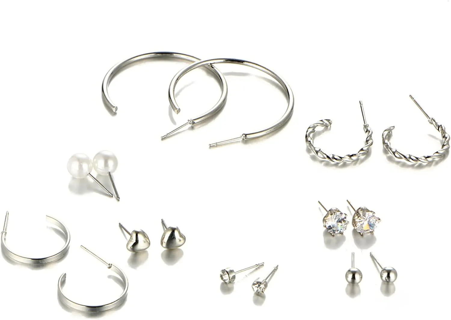9 Pairs Hoop Earrings Stud Earrings for Women Multipack Pearl Twisted Earring Set Trendy Wedding Ball Earrings (Silver, One Size)