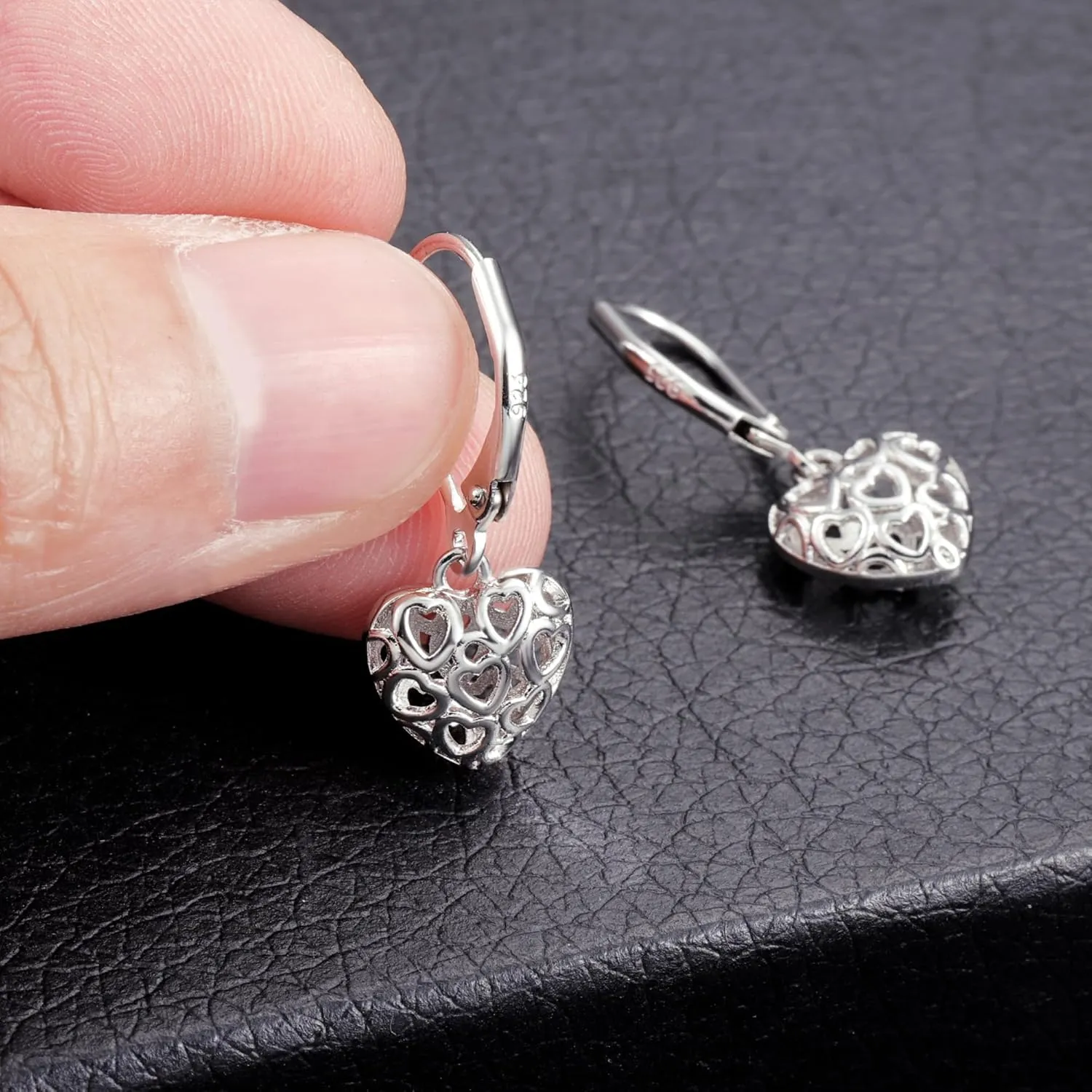 925 Sterling Silver 14K Gold French Style Leverback Earrings, Heart Dangle Drop Earrings for Women Hypoallergenic Jewelry