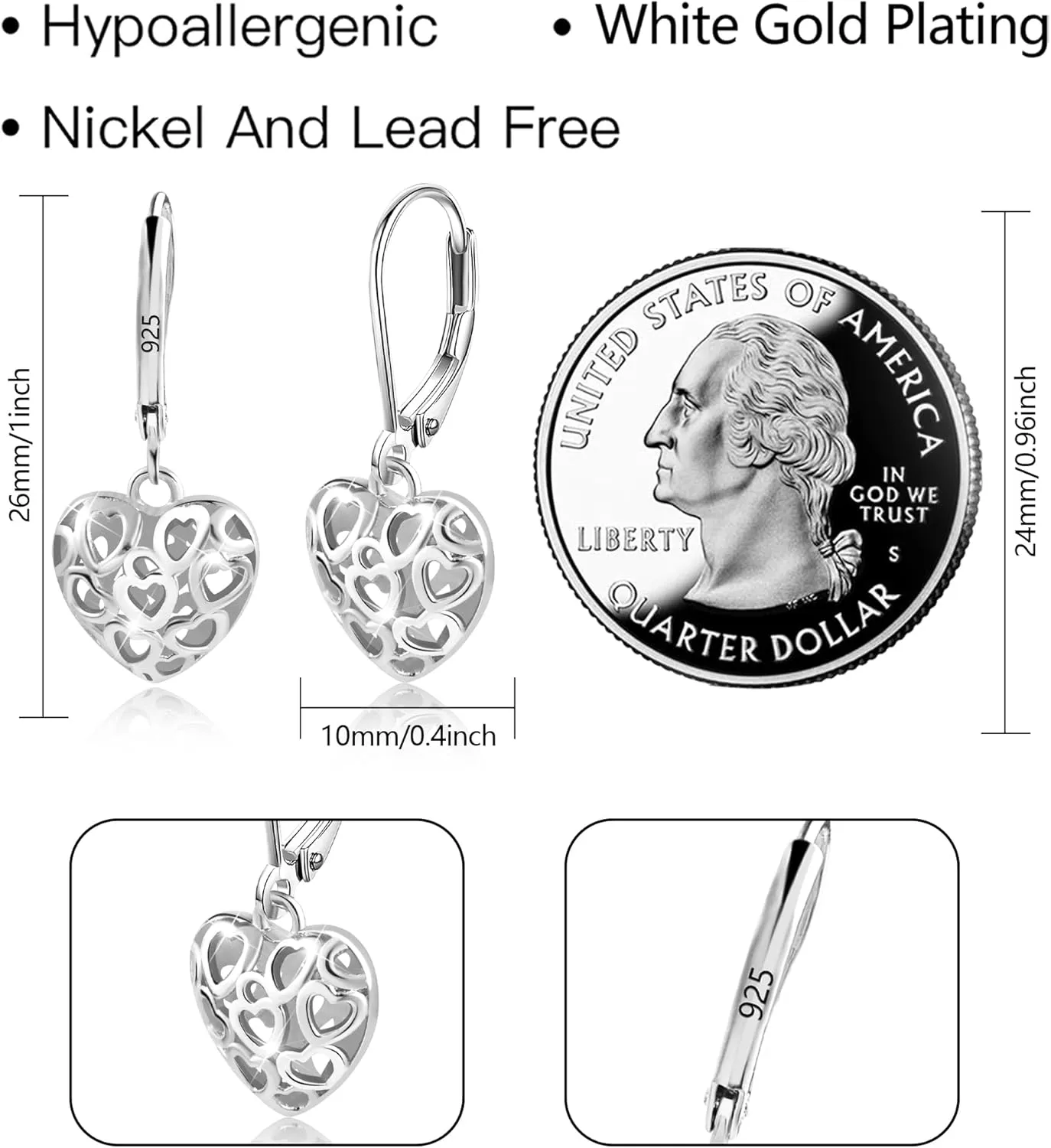 925 Sterling Silver 14K Gold French Style Leverback Earrings, Heart Dangle Drop Earrings for Women Hypoallergenic Jewelry