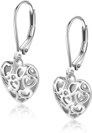925 Sterling Silver 14K Gold French Style Leverback Earrings, Heart Dangle Drop Earrings for Women Hypoallergenic Jewelry