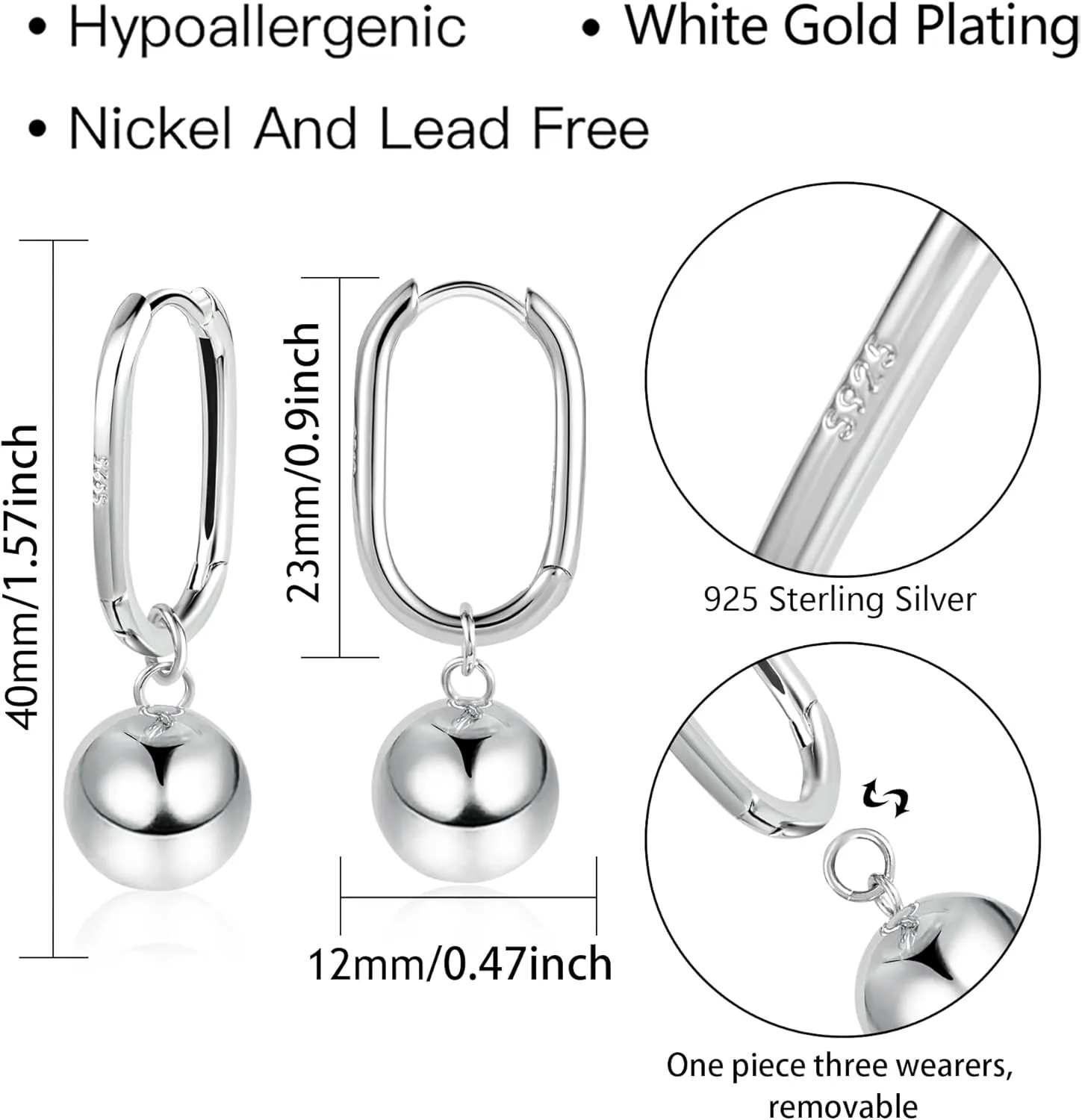 925 Sterling Silver Ball Drop Dangle Earrings Hypoallergenic Ball Drop Earrings for Women Fashion Jewelry