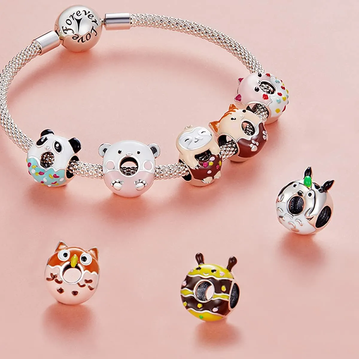 925 Sterling Silver Donut Charm Pig Charm Owl Charm Mouse Charm Bear Charm Bee Charm Panda Charm Cat Charm for Pandora Charm Bracelet