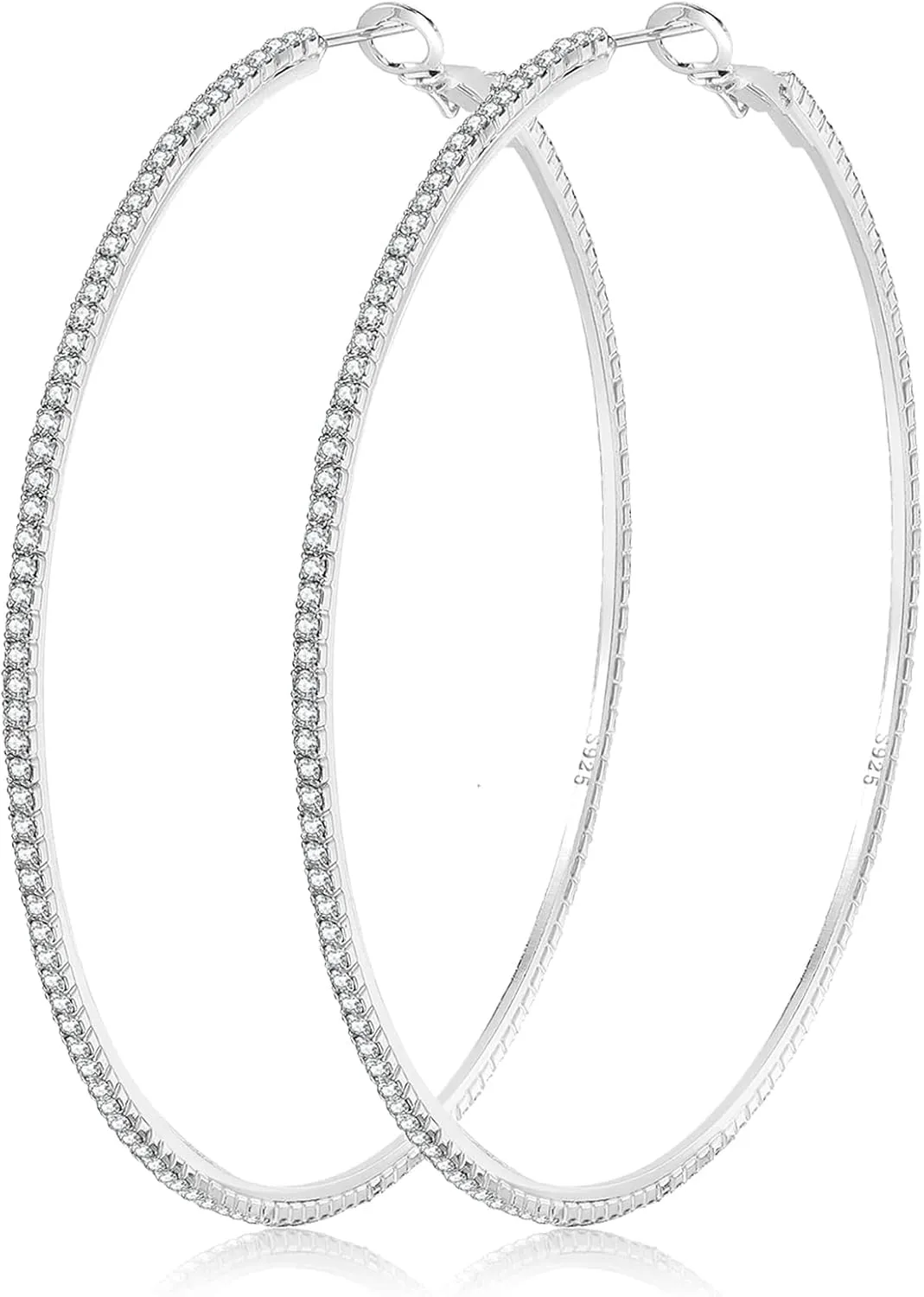 925 Sterling Silver Earrings Large Rhinestone Hoop Earrings Big Cubic Zirconia Hoop Earrings Thin Rhinestones Round Hoop Earrings for Women 20/30/40/50/60/70mm Sparkly Hoops With Crystals for Womens