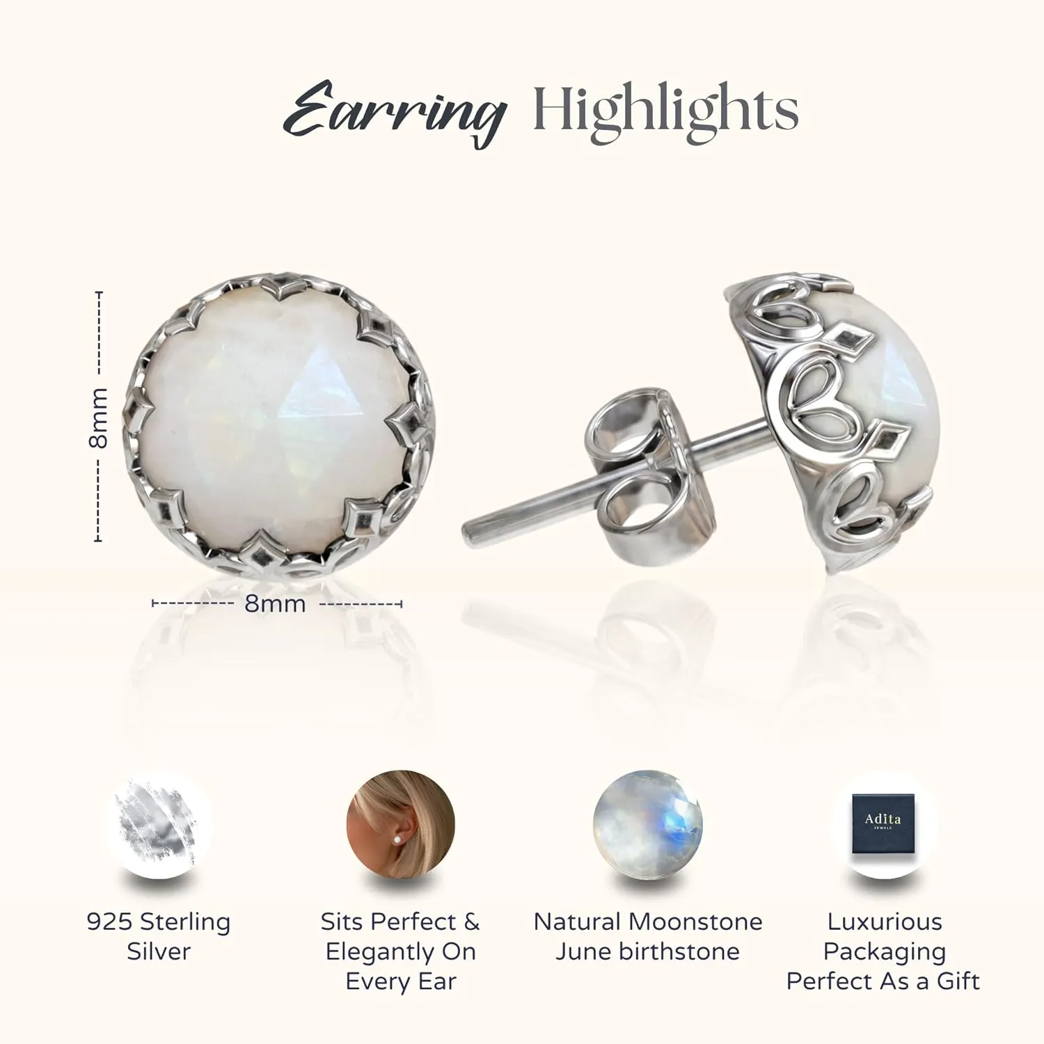 925 Sterling Silver Moonstone Studs Earrings for Women - Sterling Silver Earrings Studs - June Birthstone Earrings - Moonstone Earrings for Women - Minimalist Earrings for Women