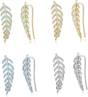 925 Sterling Silver Zircon Leaf Earrings Modern Cuff Ear Climber Studs for Women Anti-tarnish Jewelry for Present