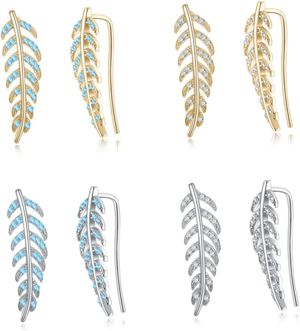 925 Sterling Silver Zircon Leaf Earrings Modern Cuff Ear Climber Studs for Women Anti-tarnish Jewelry for Present