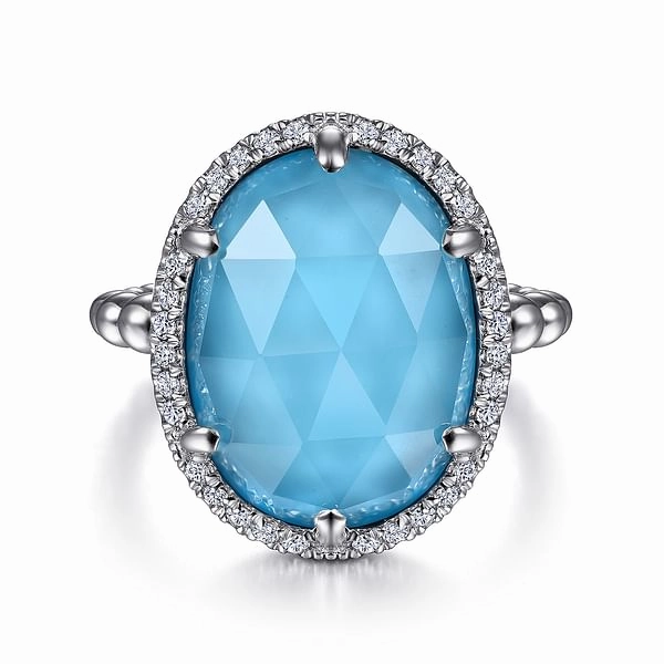Soft Glam Cool Fit 925 Sterling Silver Oval White Sapphire and Turquoise Halo Signet Ring