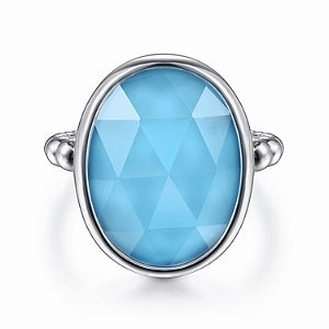 Luxury Edge 925 Sterling Silver Rock Crystal and Turquoise Oval Signet Ring