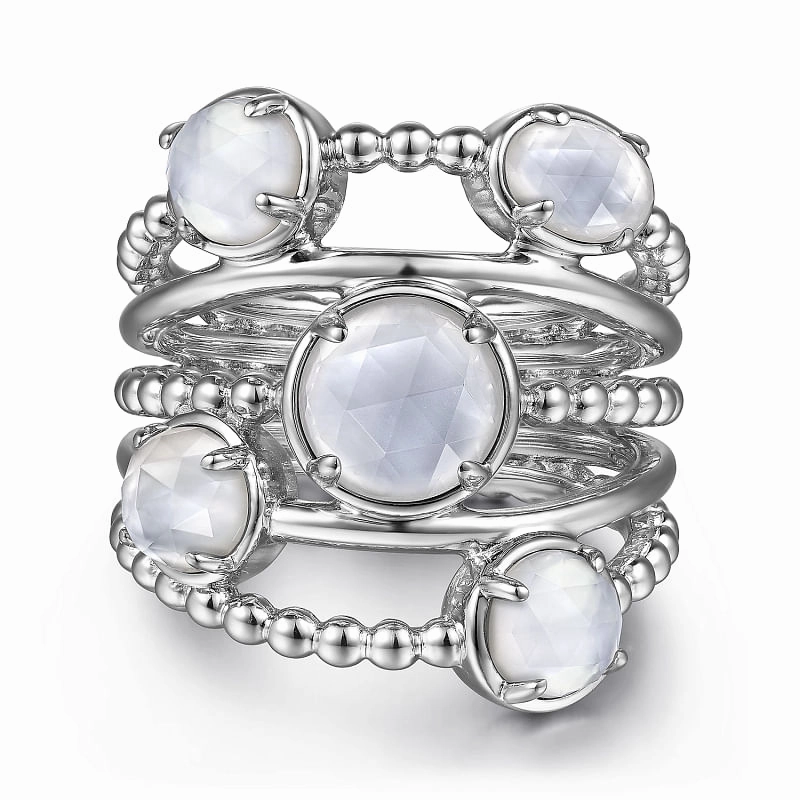 Luxury Contour Muted Finish 925 Sterling Silver Rock Crystal and White Mother of Pearl Statement Bubble Ring
