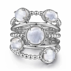 Luxury Contour Muted Finish 925 Sterling Silver Rock Crystal and White Mother of Pearl Statement Bubble Ring