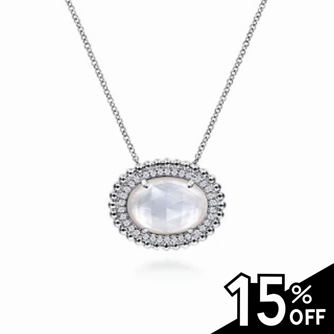 925 Sterling Silver White Sapphire and Rock Crystal and MOP Pendant Necklace Gifting Ready