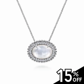 925 Sterling Silver White Sapphire and Rock Crystal and MOP Pendant Necklace Gifting Ready