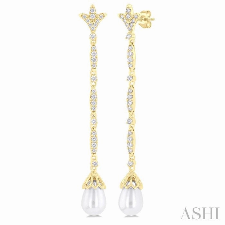 9X7 MM Marquise Link Teardrop Cultured Pearl and 1/2 Ctw Round Cut Diamond Long Earring in 14K Yellow Gold clean look